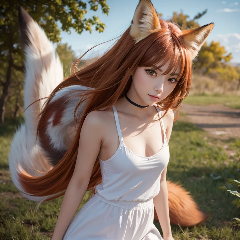 Fox Girl, Fox&#39;s Tail, Nine-Tailed Fox,Fox Ears, Black colored hair, Fox Makeup,One Girl、 Kimono with open chest, Body size is 100-70-90!、Nice body, Avatar, face, Open chest, lewd face, Dominant representation, naughty face,Big Breasts,Emphasize cleavage,Show bare skin、Skin is visible、With legs apart、Show off your thighs、With legs apart、A beautifully patterned kimono、I can see her cleavage、Muscular、Uplifting、Abdominal muscles、Exposed skin、Long Hair、Skin Texture、Soft breasts 、outside、Grassy field