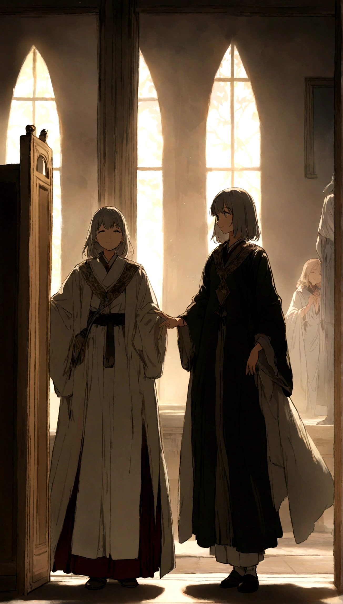 The elder laughs heartily, Stand next to two young women. The two women smile、Serving a holy man in fine robes. The room is filled with a peaceful and calm atmosphere., Sunlight streaming through the window, Casts warm light and shadow throughout the room. ,32k, highest quality, masterpiece, Super detailed, High definition in period anime style