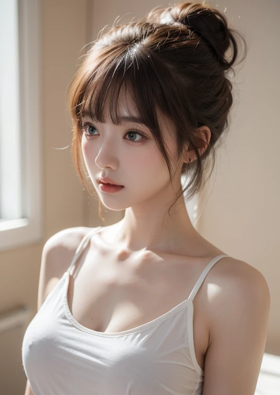 (((Upper body shot，Close-up photo)))、(((Shoulder-length brown straight hair，With bangs，Bun hairstyle)))、(((Against a light interior background)))、(((White thin shirt)))、18 years old、angry girl、D cup breasts、Protruding dot on chest、Light eye makeup、Ultra-realistic faces、High resolution 16K、Skin texture must be natural、Use natural light and color、 High-quality photos taken by model agencies.