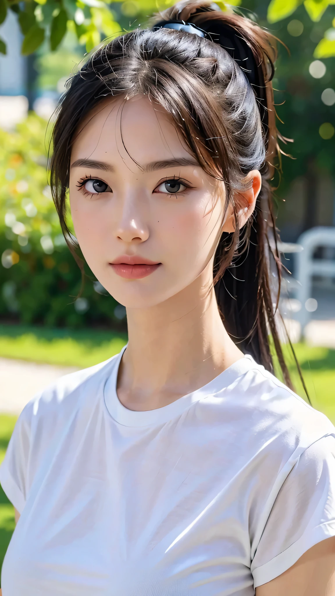 White shirt,jeans,outdoors,Urban Park,On the lawn,One woman,close up face,fully body photo,masutepiece, The highest image quality, High quality, the background is clear,Beautiful woman, Japanese, Detailed, Detailed eyes, Detailed skin, Beautiful skin, 超hight resolution, (reality: 1.4),Very beautiful woman, Slightly younger face, Beautiful skin, slender, (Ultra photo realsisim), (hight resolution), (8K), (Very detailed) (beautifully detailed eyes), (super detailed), (Detailed face), view the viewer, Fine details, Detailed face, Staring straight ahead, Staring straight ahead, photos realistic, Bright lighting, Professional Lighting, Black hair,poneyTail,a baby face,sixteen years old,Hairstyle: ponytail,Long ponytail hairstyle,slight smile,