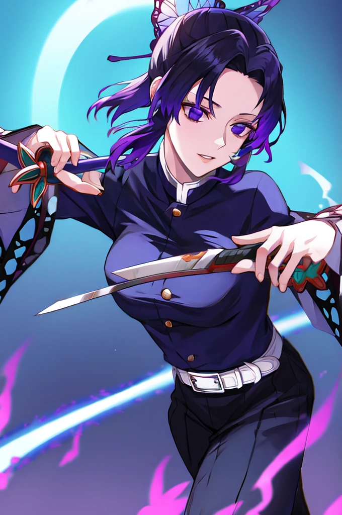 purple eyes, sword, ((holding sword)), blue flames, glowing weapon, light particles, wallpaper, chromatic aberration,1girl, solo, kochou shinobu, butterfly hair ornament, purple eyes, multicolored hair, short hair, parted bangs, haori, wide sleeves, long sleeves, black pants, black jacket, belt,nsfw,????? nipples