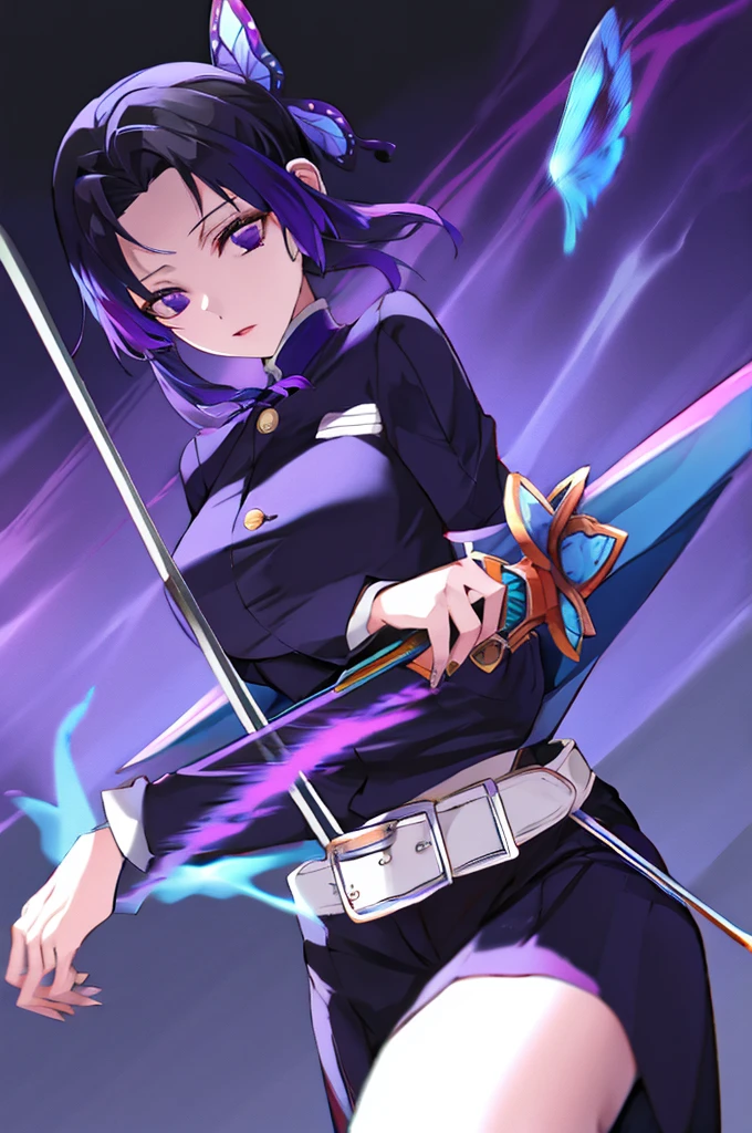 purple eyes, sword, ((holding sword)), blue flames, glowing weapon, light particles, wallpaper, chromatic aberration,1girl, solo, kochou shinobu, butterfly hair ornament, purple eyes, multicolored hair, short hair, parted bangs, haori, wide sleeves, long sleeves, black pants, black jacket, belt,nsfw,erect nipples