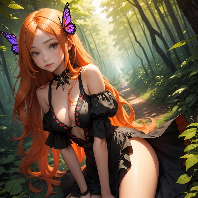 (Looking at the viewer) (1girl) A orange long hair sexy lady of butterflies wearing a black mini dress in the woods, lots of butterflies flying around