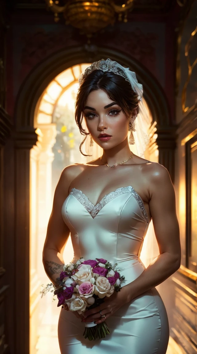 Tia mostra ter uma figura bastante esguia. Ela tem cabelo branco-acinzentado , ela tem cabelo curto e grandes olhos verdes claros, Sasha Gray is wearing a white wedding dress with a wonderful design, que envolve seu corpo elegantemente. O vestido abre com uma grande fenda nas costas, revelando a beleza de suas costas, e um toque de renda suave aparece, increasing the elegance of the design. A garota parece muito elegante, with a distinctive hairstyle that gives your overall appearance a touch of charm and beauty.
A carries a wonderful bouquet of various flowers in bright and cheerful colors. The bouquet looks huge with roses, freesia, lilyum e outras flores deliciosas e alegres. The bouquet adds a touch of romance and beauty to the bridal look.
The girl is shown inside the wedding hall with warm and romantic lighting. The thin curtains flowed beside her, reflecting soft lights onto your dress to make it look even brighter. The luxurious decoration of the hall complements the charming environment, como paredes ornamentadas, golden columns and decorations.
The bride looks beautiful and radiant in this luxurious environment. Her elegant look and carrying a bouquet of flowers give the photo beauty and great appeal., and she looks perfect like a charming bride eagerly awaiting the new beginning of their shared life., decote exposto, seios grandes, Qualidade superior, Muitos detalhes, Sharp and realistic Puri focus