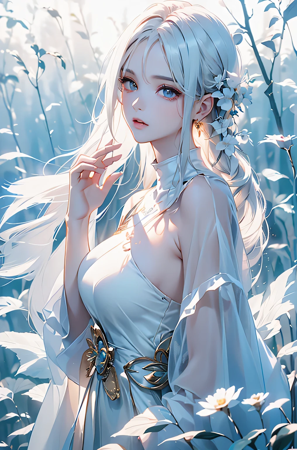 ((From the waist up))((masterpiece:1.5、8k、Portraiture、Photorealistic and very detailed CG、Very detailed、Particle Effects、Dynamic Effects、Written boundary depth、Cinematic Light、Lens flare、Ray Tracing、Tabletop、Realistic:1.4、超A high resolution:1.2、Realistic、Realistic))((alone、,Woman in turtleneck dress:1.4、Model-like pose:、Side bust、Ample breasts、Detailed face、brightexpression、young, bright, Whiter skin、Best Looks、Ultimate beauty、White hair with shiny highlights:1.8、bright and shiny hair,、Super long, Silky straight hair、Hair swaying in the wind))(Wonderful transparent flower々Surrounded by、White Background、Great background、Thin petals fluttering down)