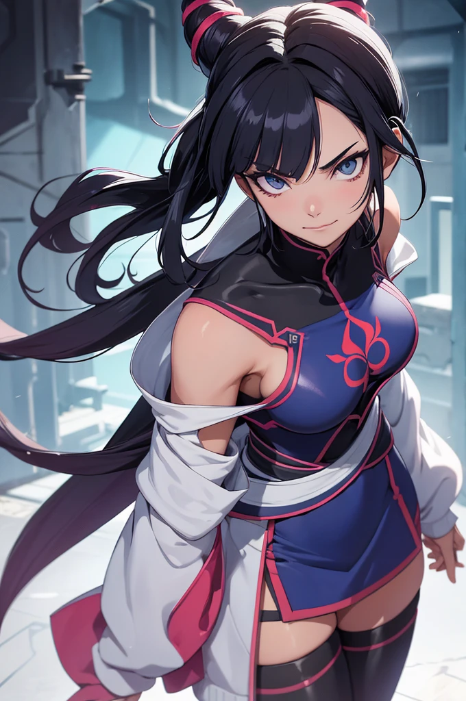 Juri Han,,visto de cima,olhando de cima,olhando para cima,melhor qualidade,roupa azul,chun-li,Sozinho, Obra de arte, melhor qualidade, agrias, gray sweater, collant preto, standing, olhando para o espectador, cabelo curto,os olhos,evil smile, olhar maligno,luvas preta,roupa azul,yandere rosto,poor lighting,coxa sarada copo detalhado,olhando para frente Juri Han,bela,mao detalhada