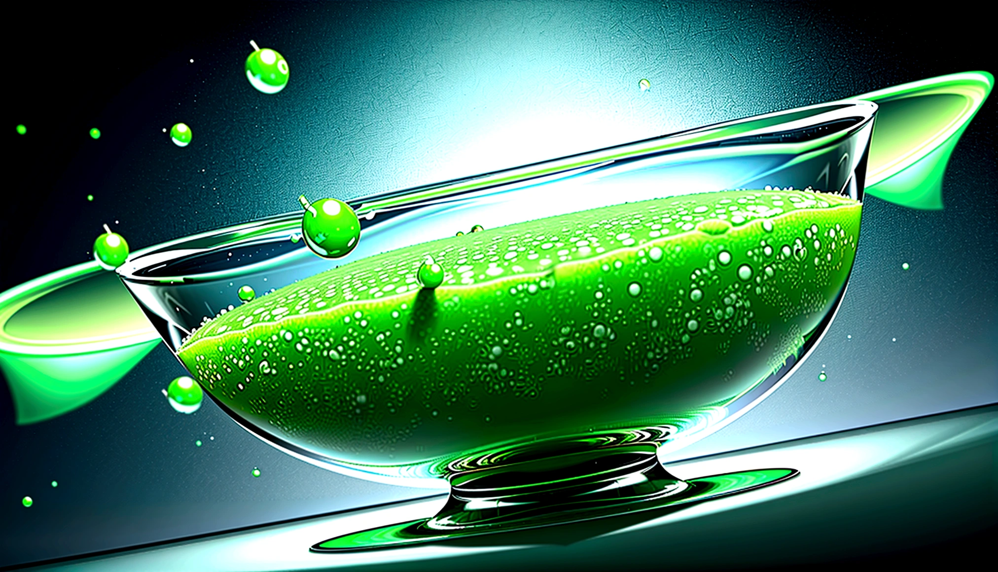 test glass filled with a lime green gooey liquid, cheio de bola e brilhante como se fosse radiotivo