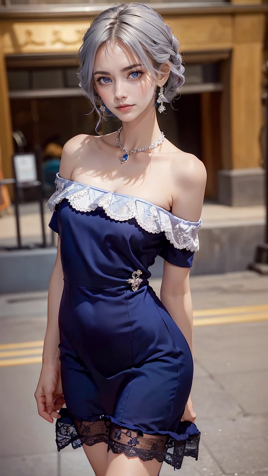 24 year old Caucasian female、blue eyes、Silver Hair、Straight Hair、Hair becomes wavy、Sexy proportions、Narrow waist、Hips for easy childbirth、Wear an off-the-shoulder lace dress、smile、
