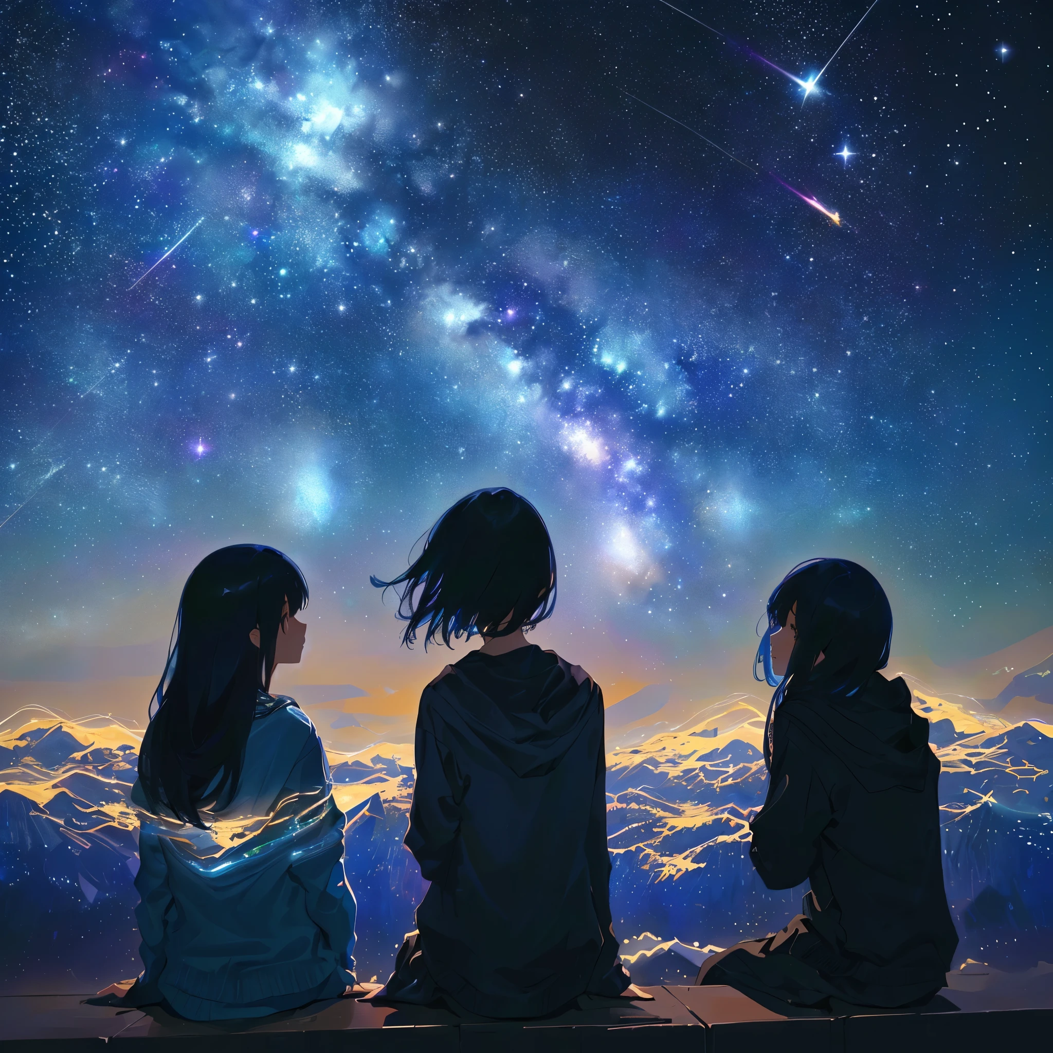 Three people standing in front of the starry sky, A strange portrait of the galaxy, Gazing into space, On a galaxy-like background, Windows to the space behind them, 星Empty Universeで, The endless universe in the background, Gazing into space, Empty Universe, Sitting on a cloud in space, Universe in the background, Background space