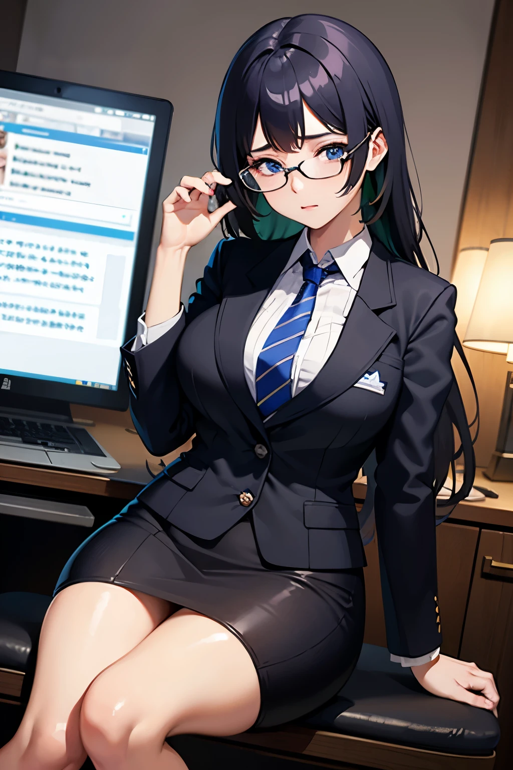 ((highest quality)), ((masterpiece)), (detailed), One girl, Black Hair、Semi-long hair、Asymmetrical bangs、In a suit、Big Tits、Sweating、Tired face、Within the company、Sitting at a desk、Loosened tie、With legs apart、Underwear is visible、Lace Underwear、Square silver glasses、Dark Eyes、Exposing cleavage、Crying、Tears flowing、Thick thighs、Crossing your legs、
