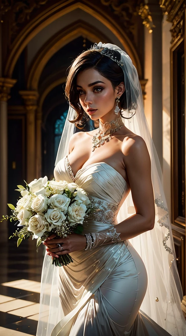Tia mostra ter uma figura bastante esguia. Ela tem cabelo branco-acinzentado , ela tem cabelo curto e grandes olhos verdes claros, Sasha Gray is wearing a white wedding dress with a wonderful design, que envolve seu corpo elegantemente. O vestido abre com uma grande fenda nas costas, revelando a beleza de suas costas, e um toque de renda suave aparece, increasing the elegance of the design. A garota parece muito elegante, with a distinctive hairstyle that gives your overall appearance a touch of charm and beauty.
A carries a wonderful bouquet of various flowers in bright and cheerful colors. The bouquet looks huge with roses, freesia, lilyum e outras flores deliciosas e alegres. The bouquet adds a touch of romance and beauty to the bridal look.
The girl is shown inside the wedding hall with warm and romantic lighting. The thin curtains flowed beside her, reflecting soft lights onto your dress to make it look even brighter. The luxurious decoration of the hall complements the charming environment, como paredes ornamentadas, golden columns and decorations.
The bride looks beautiful and radiant in this luxurious environment. Her elegant look and carrying a bouquet of flowers give the photo beauty and great appeal., and she looks perfect like a charming bride eagerly awaiting the new beginning of their shared life., decote exposto, seios grandes, Qualidade superior, Muitos detalhes, Sharp and realistic Puri focus