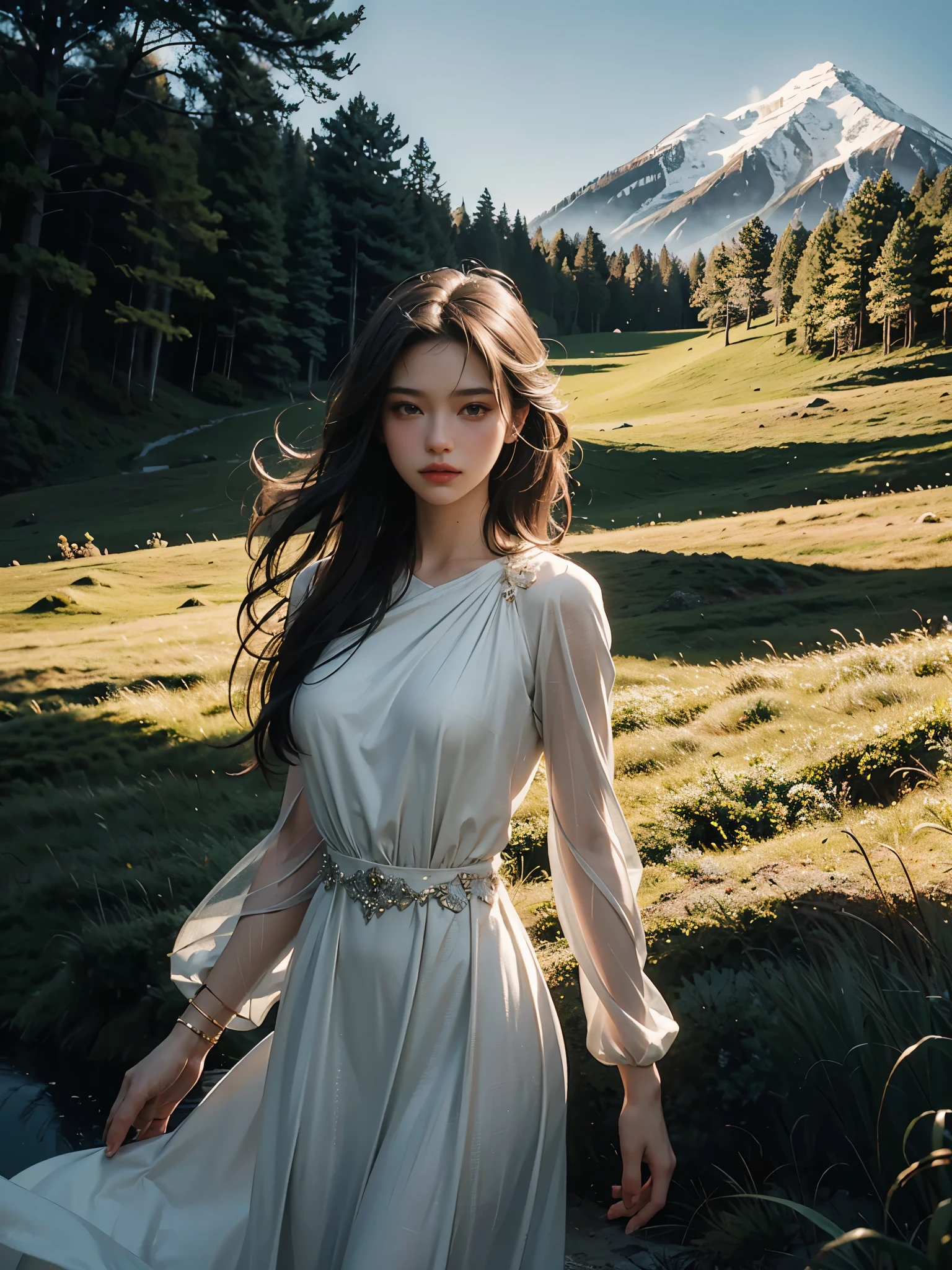 a beautiful young woman, elegant long dress, serene wilderness landscape, top a a hill, cinematic lighting, extremely detailed, photorealistic, 8k, best quality, masterpiece, realistic, photo-realistic:1.37, ultra-detailed, vivid colors, studio lighting, physically-based rendering, sharp focus, female portrait, fashion, nature, natural environment