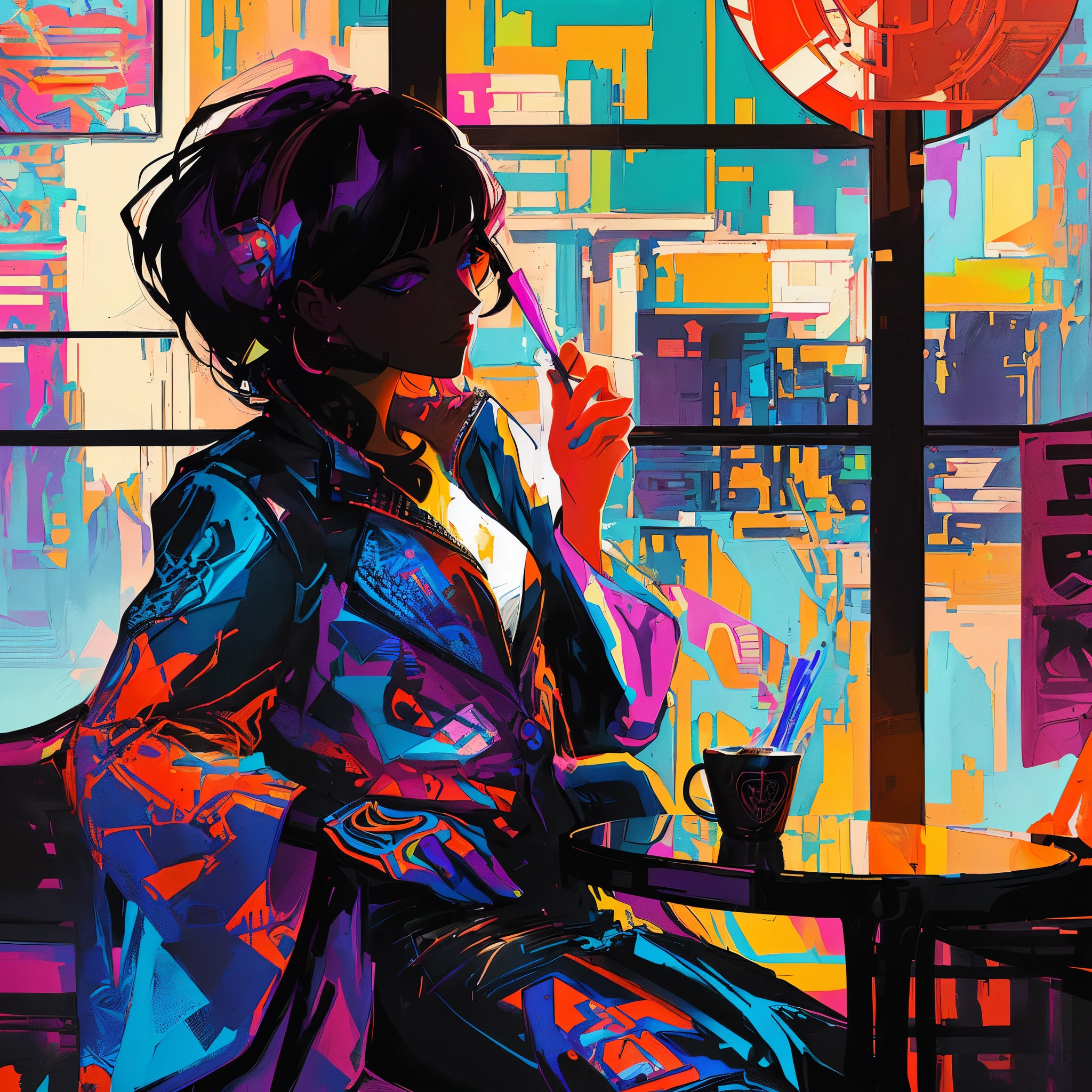 Brightly colored painting of a woman sitting at a table drinking coffee, Just a joke, Mysterious Coffee Shop Girl, in style of Laurie Greasley, inspired by Derek Gores, inspired by Tomokazu Matsuyama, by Derek Gores, Kilian Eng: Vivid Colors, Colorful digital painting, Laurie Greasley, Kilian Eng: Vivid Colors