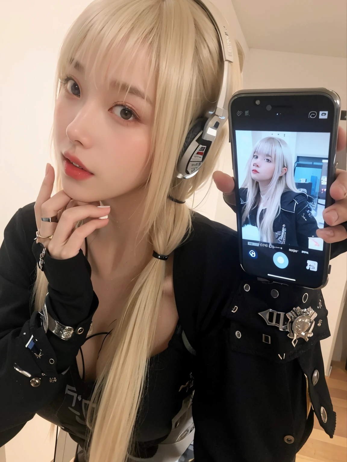blond haired girl wearing headphones and a cell phone taking a selfie, Lena Nunen Style 3/4, with headphones, long white hair and bangs, Stop 4 *, glam metal hair, wearing headphones, E-Women, E-girl, Portrait of a girl like reol, gray hair, Avamax, Larisa Manoval