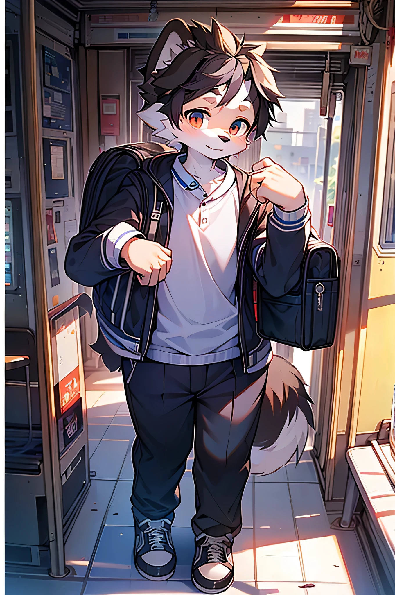 Border collie boy,high school student,uniform,Age ,Going to school by train,tail, 4K ultra-vivid