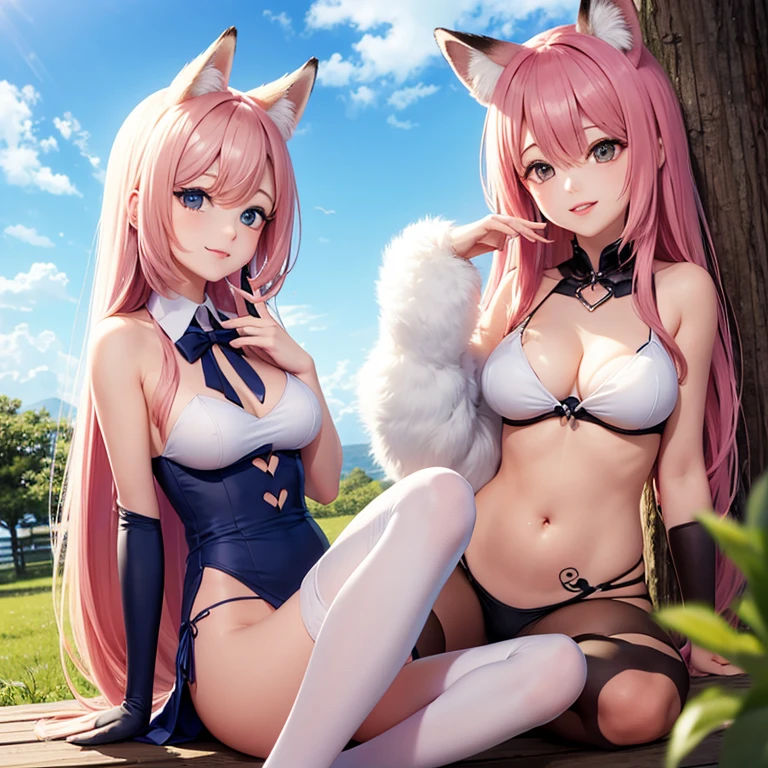 Fox Girl, Fox&#39;s Tail, Nine-Tailed Fox,Fox Ears, Black colored hair, Fox Makeup,One Girl、 Kimono with open chest, Body size is 100-70-90!、Nice body, Avatar, face, Open chest, lewd face, Dominant representation, naughty face,Big Breasts,Emphasize cleavage,Show bare skin、Skin is visible、With legs apart、Show off your thighs、With legs apart、A beautifully patterned kimono、I can see her cleavage、Muscular、Uplifting、Abdominal muscles、Exposed skin、Long Hair、Skin Texture、Soft breasts 、outside、Grassy field