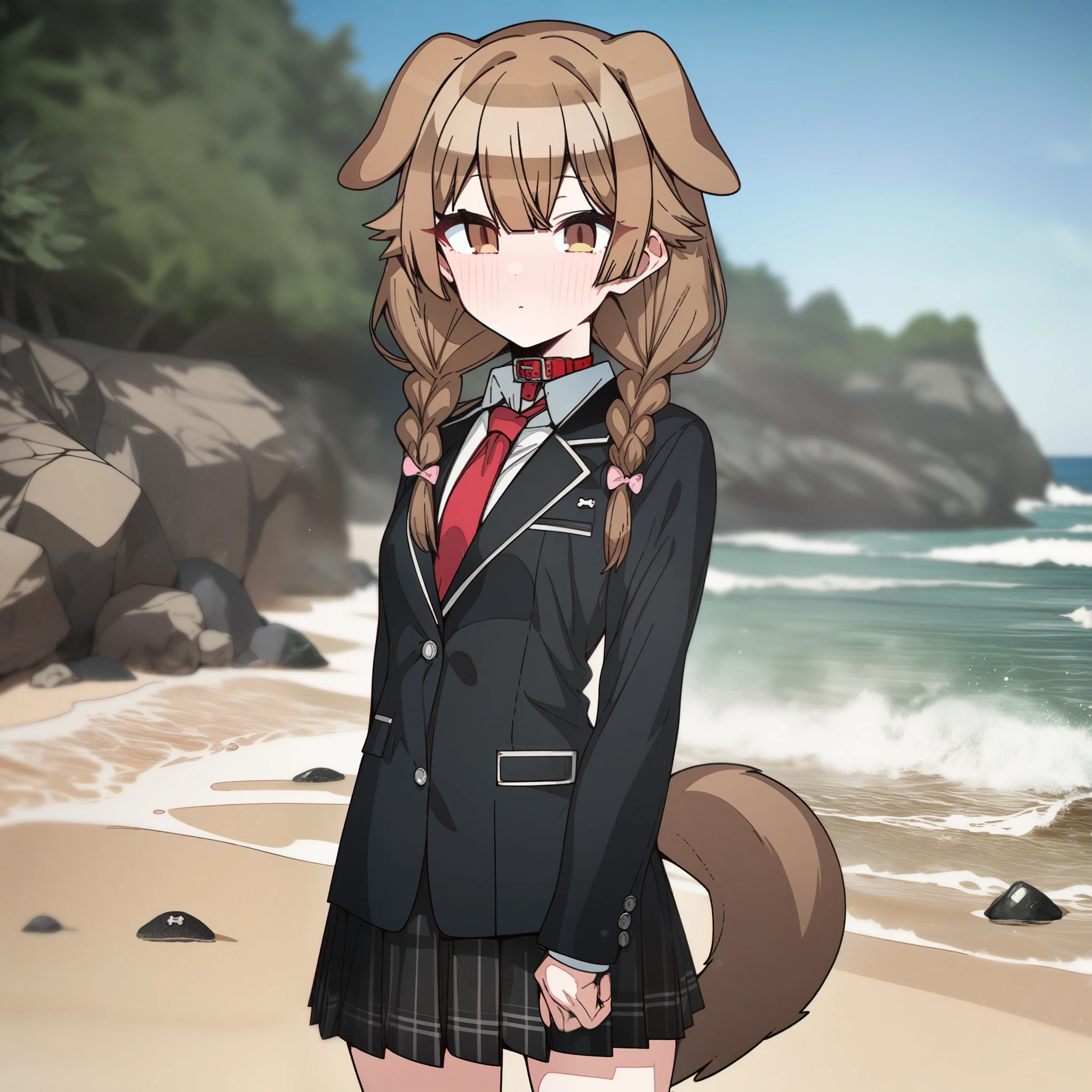 hoshino_(blue_archive) with brown hair and brown eyes, Artist, erere, Copyrights, idolmaster, idolmaster_shiny_colors, Character, General, 1girl, brown_hair, blunt_bangs, blush, medium_breasts, breasts, detailed eyelashes, beatiful girl:1, brown_eyes, censored, school_uniform, black pleated skirt, black blazer, white shirt, red tie, dog_tail, animal_collar, twin_braids, dog_ears, bone_hair_ornament, :|:0.5, (full_body) (standing in middle, beach, rocks), sky:0.7, half-closed_eyes, detailed, sand, outdoors, from_side, looking_at_viewer, masterpiece, best_quality, great_quality, girl, solo, center_composition, centered character, cute