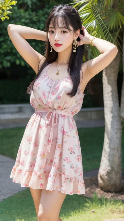 (8k, Photorealistic, Raw photo, Highest quality: 1.4),Japanese idol style1Beautiful girl of the person,18-year-old,Very short hairstyle,Black Hair,Hang your hair over your ears,Wearing small earrings in the ears,Big, clear grey eyes,Long eyelashes,Plump Cheeks,She is wearing pale pink lipstick.,Apply gloss over your lipstick for glossy, plump lips,A short pendant is hanging around her neck.,The nails on both hands are painted with light pink nail polish.,She is wearing a long, sleeveless floral dress,Standing barefoot on the grass in the park,Full body portrait