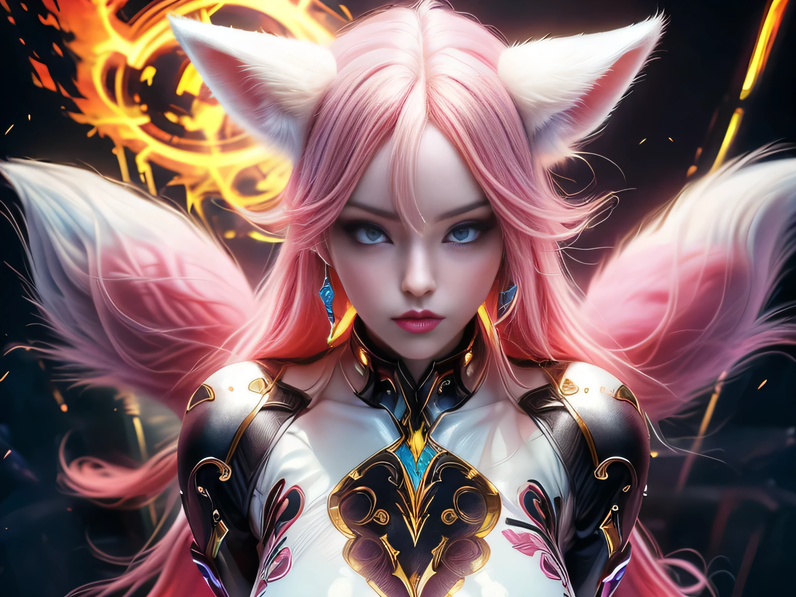 (Best Quality, 8K, Masterpiece, HDR, Soft Lighting, Picture Perfect, Realistic, Vivid), Nine tails of snow white fox(1.0), milk fox tail(1.0), nine tailed fox, anime girl with pink hair and pink, dressed in sexy leather suit, beautiful fantasy anime, very beautiful and cute fox girl, pink flower rain, background blur, anime fantasy, work in the style of Gouves, realistic:1.37, view from above, lies in pink flowers, horizontal view, (ultra high quality fantasy art), masterpiece, male model, ultra high quality female character designs, anime art with 8k development, realistic anime art, highest quality wallpaper illustrations, complex ultra high quality accurate female characters faces, high quality design and accurate physics (super-quality fantasy style)), art, dark fantasy)) Style), masterpieces, super-quality characters, anime resolution - 8K, realistic anime art, wallpapers with the highest quality illustrations, ultra-high detail of faces, high-quality design and physics accuracy), color, depth of field, shadows, ray tracing, production of high-quality computer wallpapers and 8K resolution, (Accurate simulation of the interaction of light and materials)], [High-quality detailed hair [More about beautiful and shiny red hair]], (Beautifully detailed hands [perfect fingers [Perfect nails]], (perfect anatomy (perfect proportions)))) [[Full length]], [Perfect color combination (Accurate imitation of the interaction of light and material)], [art that conveys the meaning of the story ]