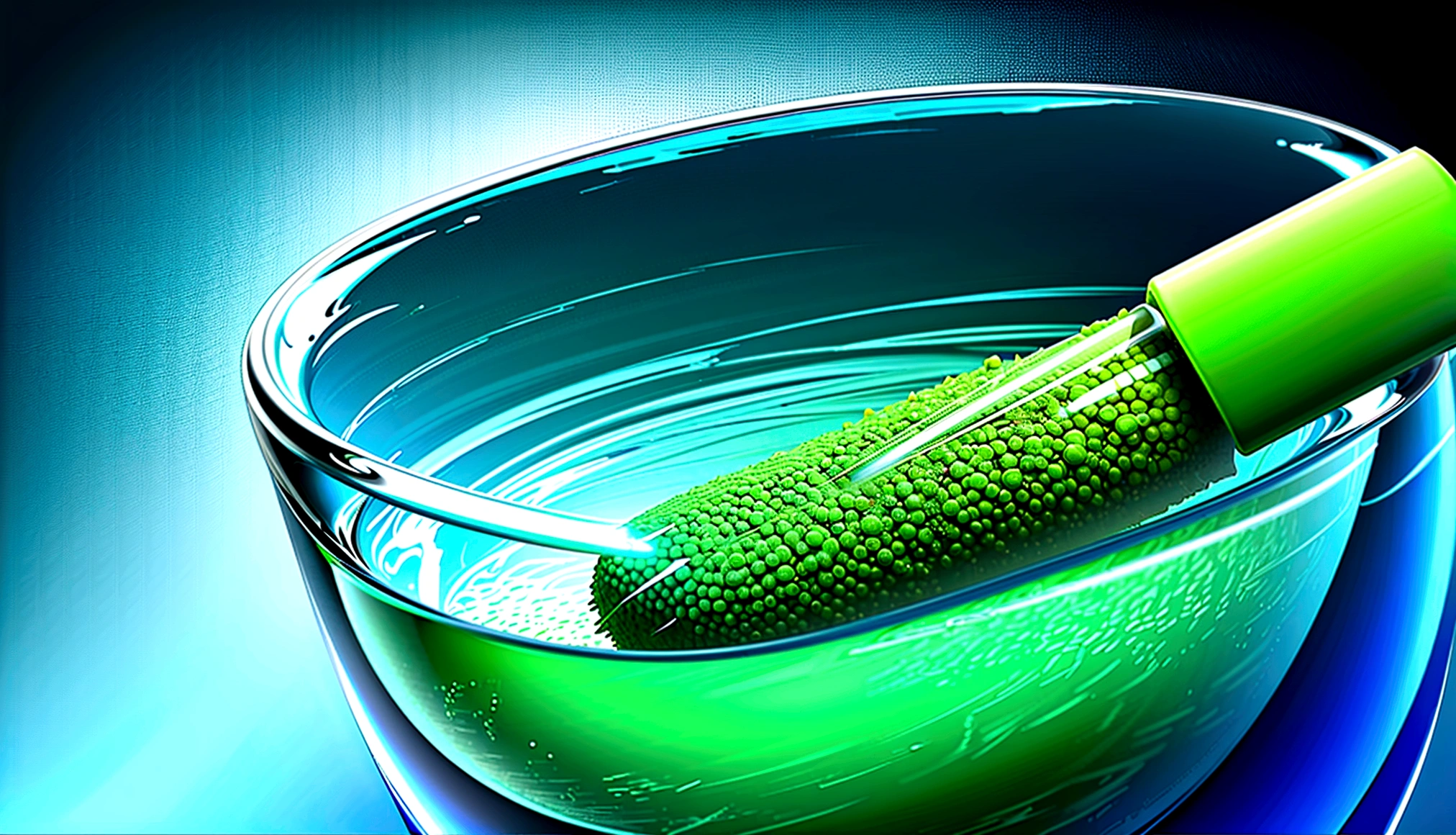 test tube filled with a lime green gooey liquid, cheio de bola e brilhante como se fosse radiotivo