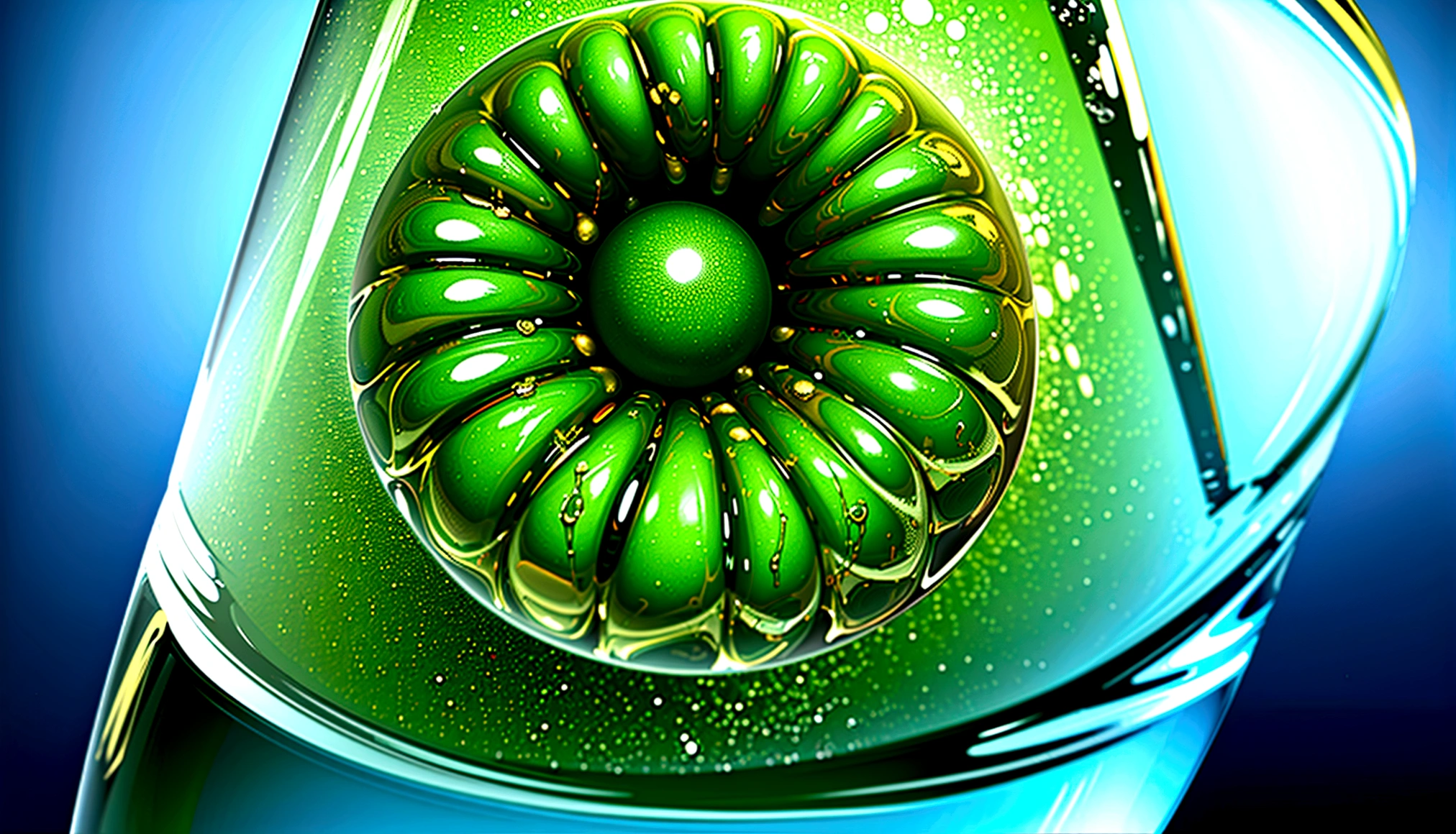 test tube filled with a lime green gooey liquid, cheio de bola e brilhante como se fosse radiotivo
