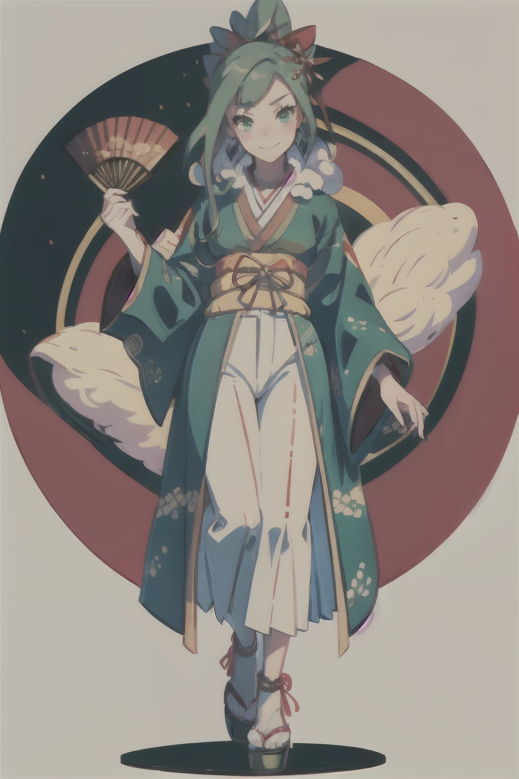 Masterpiece,Top Quality, 1girl,green hair,green eyes,smiling,solo,closed mouth,handheld,earrings,eyelashes,ribbon,jewelry,red ribbon,li,looking at viewer,blush,kimono,holding fan,long hair,fan,bangs,full body,standing,short cut hair,