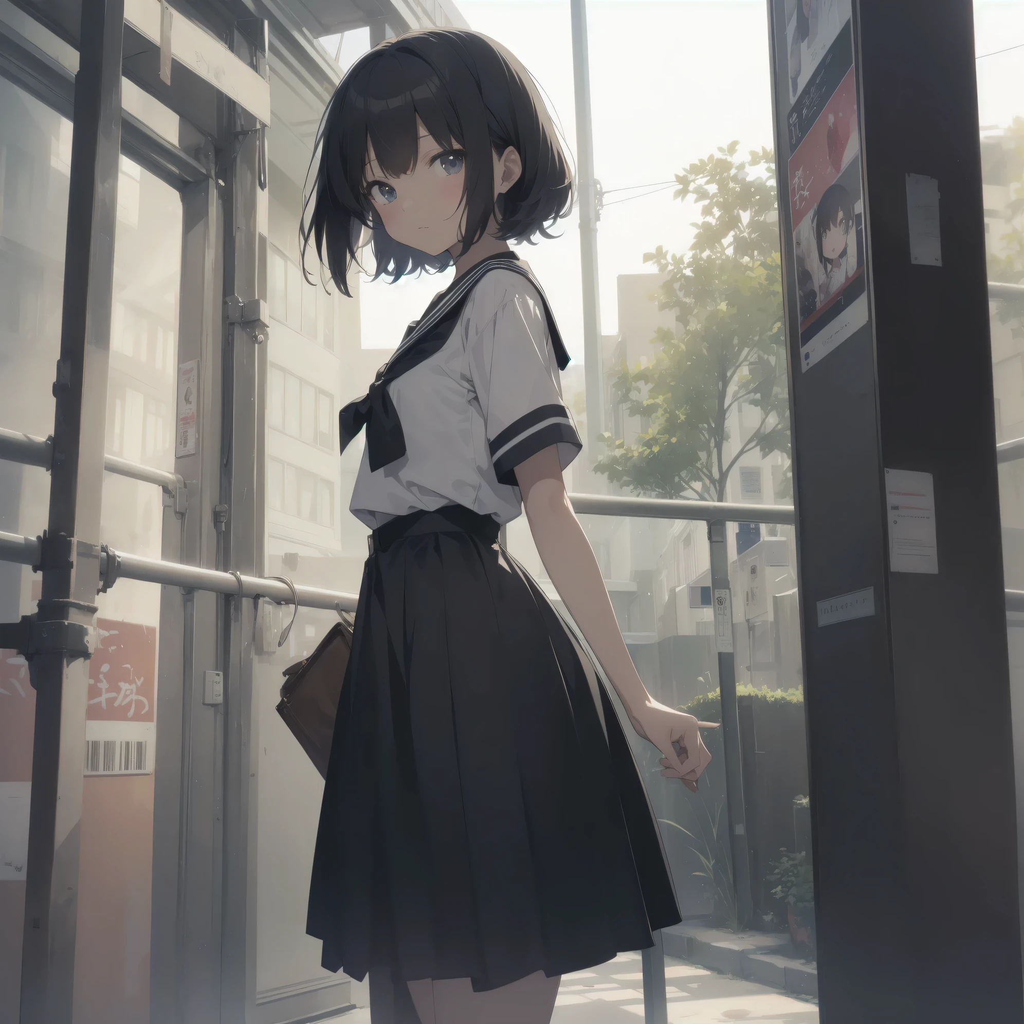 ultra-absurdres-Top quality by artist God, ultra-detailed, high resolution, anime moe artstyle, best anime 8k konachan wallpaper, pixiv contest winner, pool:2810, perfect anatomy,break, 1girl, (Please draw a girl walking sleepily to school alone. )break,(Solo,little female, 13-year-old:1.3),Full limbs, complete fingers,a junior high school student, (very short hair), short cut, flat chest, , small butt, small black eyes, beautiful detailed eyes, well-proportioned iris and pupils, expressive eyes, highres detailed hair, soft expression, salor school_uniform, sailor collar, serahuku, bow, pleated skirt,(Detailed Lighting), (Detailed background), in the School commute route. break,super detailed skin, Best cinematic lighting powered by famous artist, 8k,beauty illustration,photoshop_(medium),very aesthetic,break,((artist:tsunako)), artist:clamp ,artist:carnelian ,artist:kantoku ,
