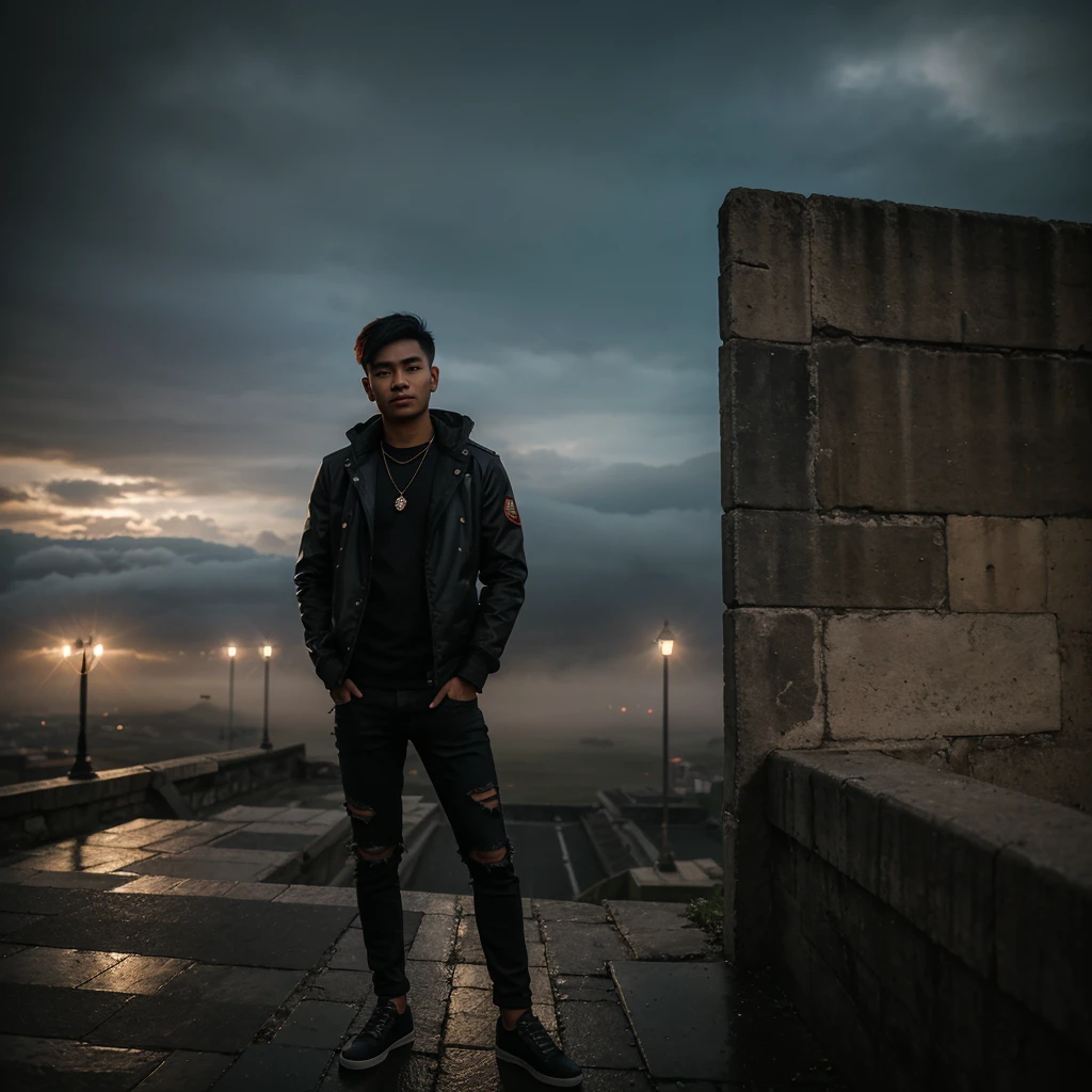 Professional photography, masterpiece, full body, handsome 22 year old Indonesian man, confident, charming, faint smile, short trendy red black blonde hair, wearing a killer cosplayer parka jacket, with several necklaces, long black ripped jeans at the knee, interesting pose , located on top of an old Italian building, dramatic lighting, lens flare, shimmer effects, resembles a Sony 7000D photo, very realistic, high definition with added rain or fog elements