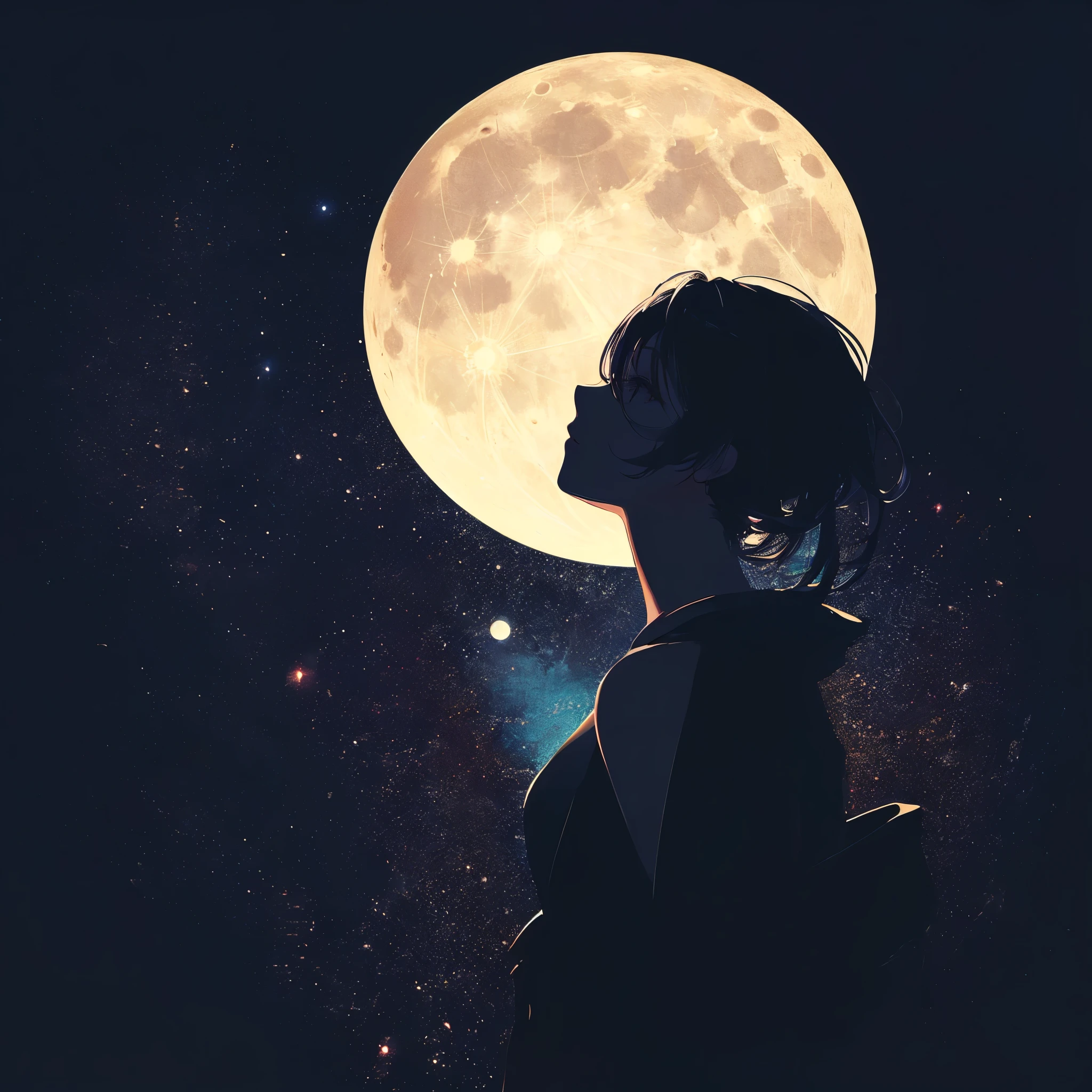 there is a woman that is looking at the moon in the sky, the moon behind her, moon goddess, quiet night. digital figure, detailed silhouette, The girl stares into space, Woman silhouette, looking at the moon, with full moon in the sky, moon, moonの女神, goddess of the moon, looking at the full moon, figure!, fullmoon
