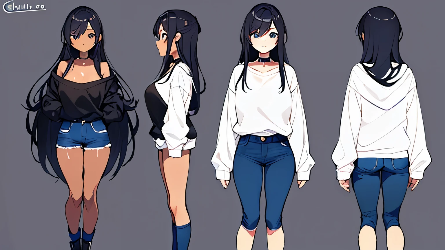 best quality, masterpiece), 1girl, cute,standing up straight,three view drawing, front and back and side, character sheet,full body,simple background,She is 5'5” tall, dark skinned, wears a sweatshirt and jeans, and wears a choker around her neck. She has long black hair, blue eyes, and a wide open mouth smile.