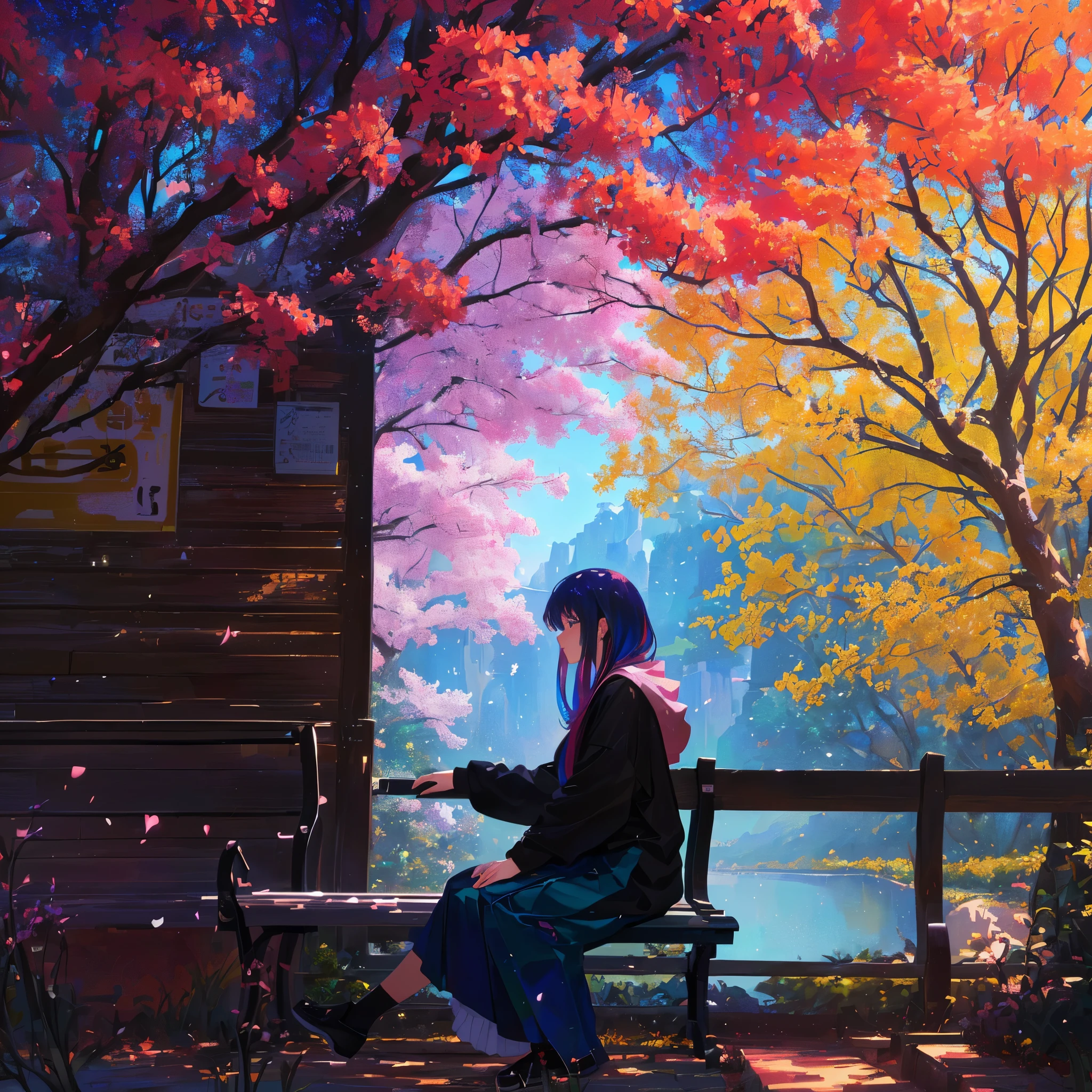 Animated scene of a woman sitting on a bench in front of a tree, Colorful concept art, Colorful digital painting, anime art wallpaper 4k, anime art wallpaper 4k, Anime Art Wallpapers 8K, Beautiful Art UHD 4K, Beautiful anime scene, Beautiful peaceful scene in anime, Beautiful anime artwork, Colorful anime movie background, by Yuumei