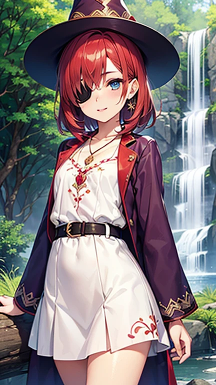 A girl is posing for a photo,pretty girl,Enchanting girl,Anime Girls,
(((One Girl,Baby Face,16 years old))),
BREAK
((Purple Robe:1.4 + Constellation embroidery + Long sleeve + White dress+ Leather Belt + Purple Wizard Hat + Eye patch))、Earrings、Fancy Necklace、
BREAK
((Red hair + Straight Long Air))、
(Drooping eyes,blue eyes),(Small breasts),
BREAK
(Beautiful Hair,Shiny Hair),
(Expression of fine eyes,Beautiful and delicate eyes,Sparkling eyes,Eye Reflexes),
(double eyelid,Long eyelashes),
(Beautiful Nose,Thin Nose),
(Glossy lips,Beautiful Lips,Thick lips),
(Symmetrical facial features,Perfect Face),(((Detailed skin,Oily skin,Textured skin,Beautiful Skin))),
BREAK
(Evil Smile),
((noon、In the forest of fantasy world:1.4、Overgrown trees、sunlight、waterfall)),((Are standing、Look forward、Face the viewer、Cowboy Shot)),
BREAK
(((highest quality)),((masterpiece)),((Very detailed))),((High resolution),(8k),(16k,1080p),(Anime 2D Rendering)),(Anatomically correct),
(The best CG),Highly detailed art,CG illustration,