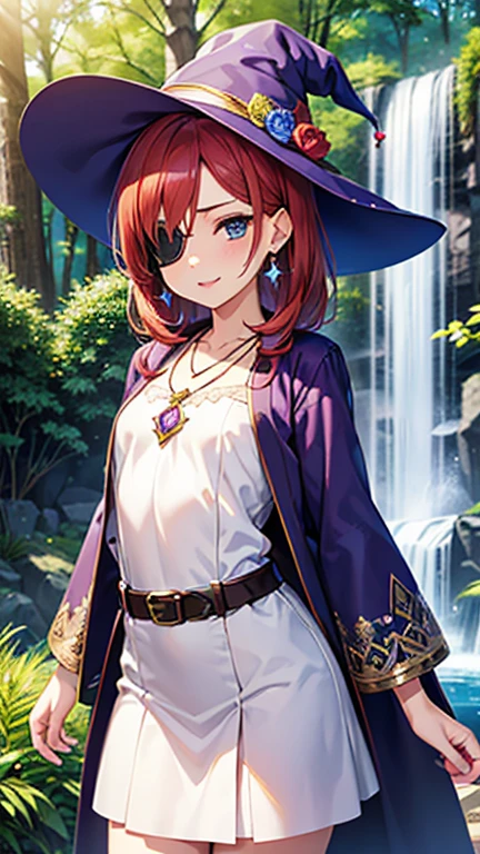 A girl is posing for a photo,pretty girl,Enchanting girl,Anime Girls,
(((One Girl,Baby Face,16 years old))),
BREAK 

((Purple Robe + Constellation embroidery + Long sleeve + Black decorative ribbon+ Leather Belt + Purple Wizard Hat))、Earrings、Fancy Necklace、
BREAK 

((Red hair + Straight Long Air))、
(Drooping eyes,blue eyes),(Small breasts),
BREAK 

(Beautiful Hair,Shiny Hair),
(Expression of fine eyes,Beautiful and delicate eyes,Sparkling eyes,Eye Reflexes),
(double eyelid,Long eyelashes),
(Beautiful Nose,Thin Nose),
(Glossy lips,Beautiful Lips,Thick lips),
(Symmetrical facial features,Perfect Face),(((Detailed skin,Oily skin,Textured skin,Beautiful Skin))),
BREAK 

(Evil Smile),
((noon、In the forest of fantasy world:1.4、Overgrown trees、sunlight、waterfall)),((Are standing、Look forward、Face the viewer、Cowboy Shot)), 
BREAK 

(((highest quality)),((masterpiece)),((Very detailed))),((High resolution),(8k),(16k,1080p),(Anime 2D Rendering)),(Anatomically correct),
(The best CG),Highly detailed art,CG illustration,
