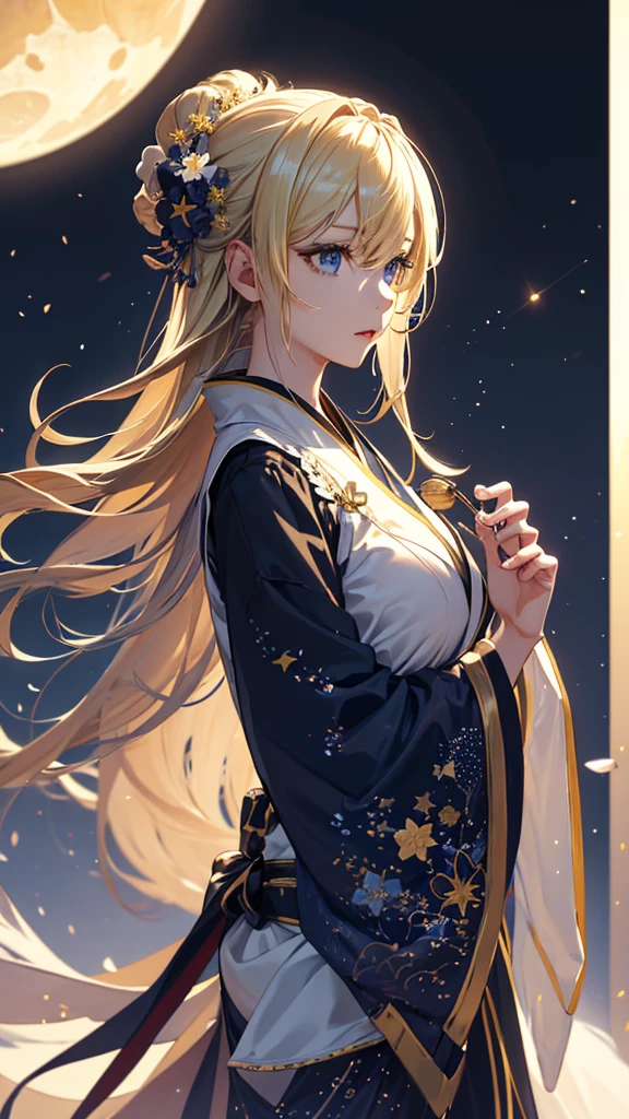 masterpiece, high quality, 4K, Beautiful design, silhouette,blonde,, 非常に詳細な夜のStarry Sky,Flower Field, wonderful, Finer details, Very knowledgeable woman, Highly detailed solo, 1 female,Beautiful Eyes,tears,Big Breasts,White kimono,Night view,Starry Sky,full moon,