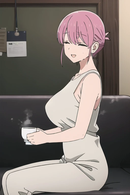 (Highly detailed CG Unity 8k wallpaper),(masterpiece),(highest quality),(Super detailed),(Best illustrations),(Best Shadow),(Absurd), Michiyo, One girl, alone, Pink Hair, close your eyes, cup, Sitting, sofa, smile,, Open your mouth, (Sleeveless dress,:1.5)、(Huge breasts:1.5)、From the side 1:5