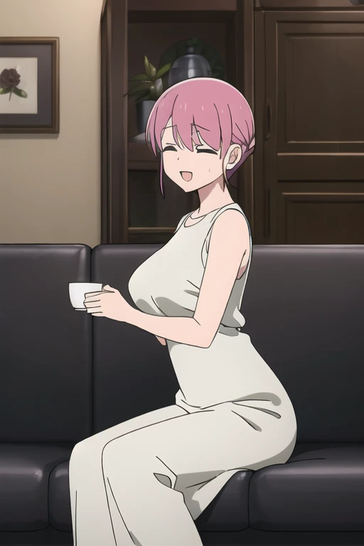 (Highly detailed CG Unity 8k wallpaper),(masterpiece),(highest quality),(Super detailed),(Best illustrations),(Best Shadow),(Absurd), Michiyo, One girl, alone, Pink Hair, close your eyes, cup, Sitting, sofa, smile,, Open your mouth, (Sleeveless dress,:1.5)、(Huge breasts:1.5)、From the side 1:5