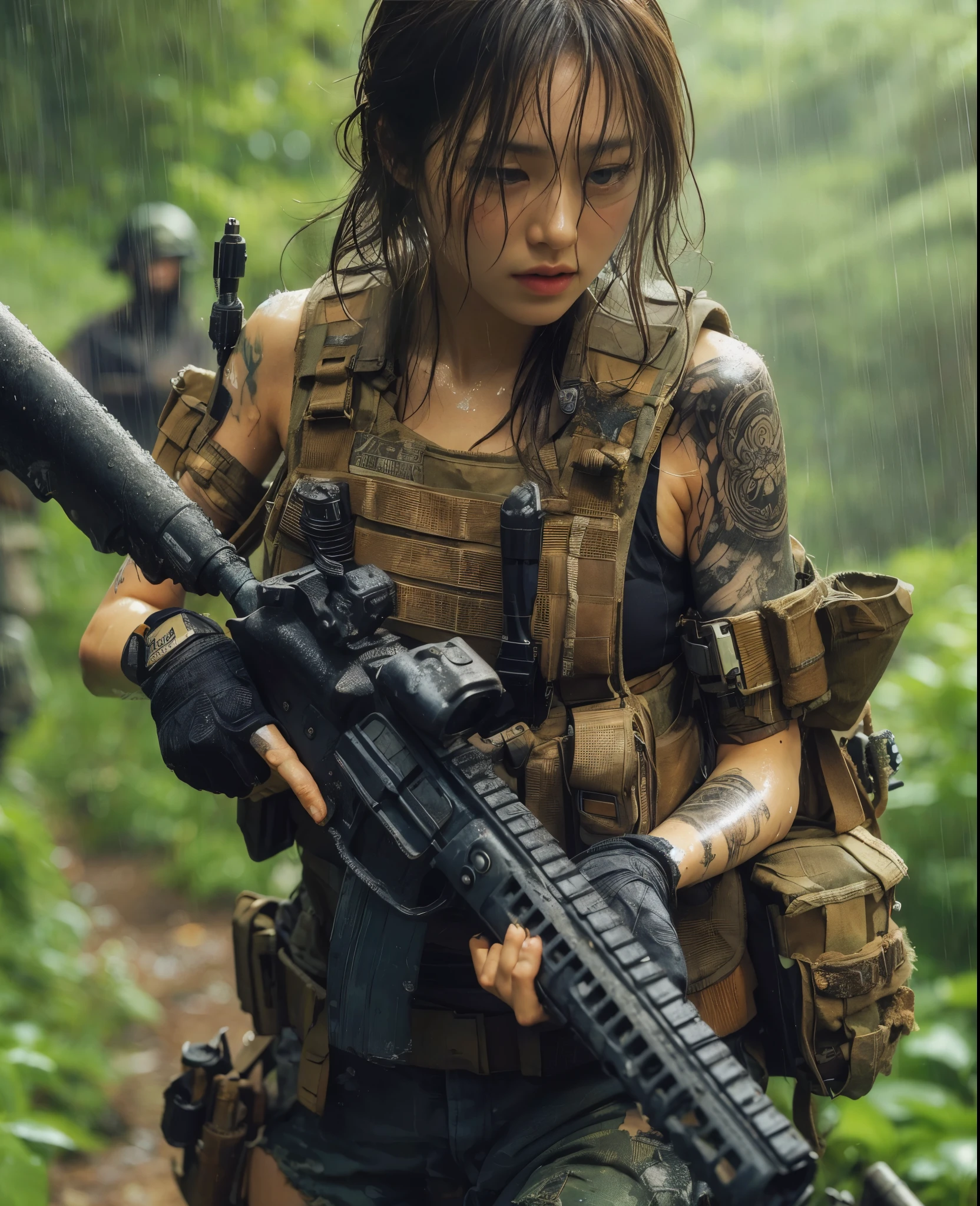 8k,Realistic Photo、Realistic Skin Texture、Superrealism、Japanese women in the U.S. military、Searching for something in a mysterious abandoned factory、The concrete floor is cracked and wet.、Abandoned machinery is rusting and decaying.、Tattoo