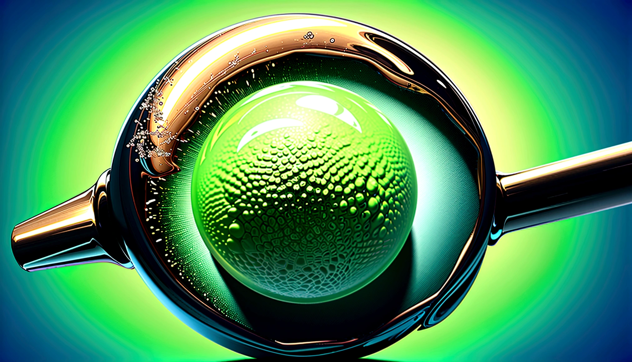 test tube filled with a lime green gooey liquid, cheio de bola e brilhante como se fosse radioativo