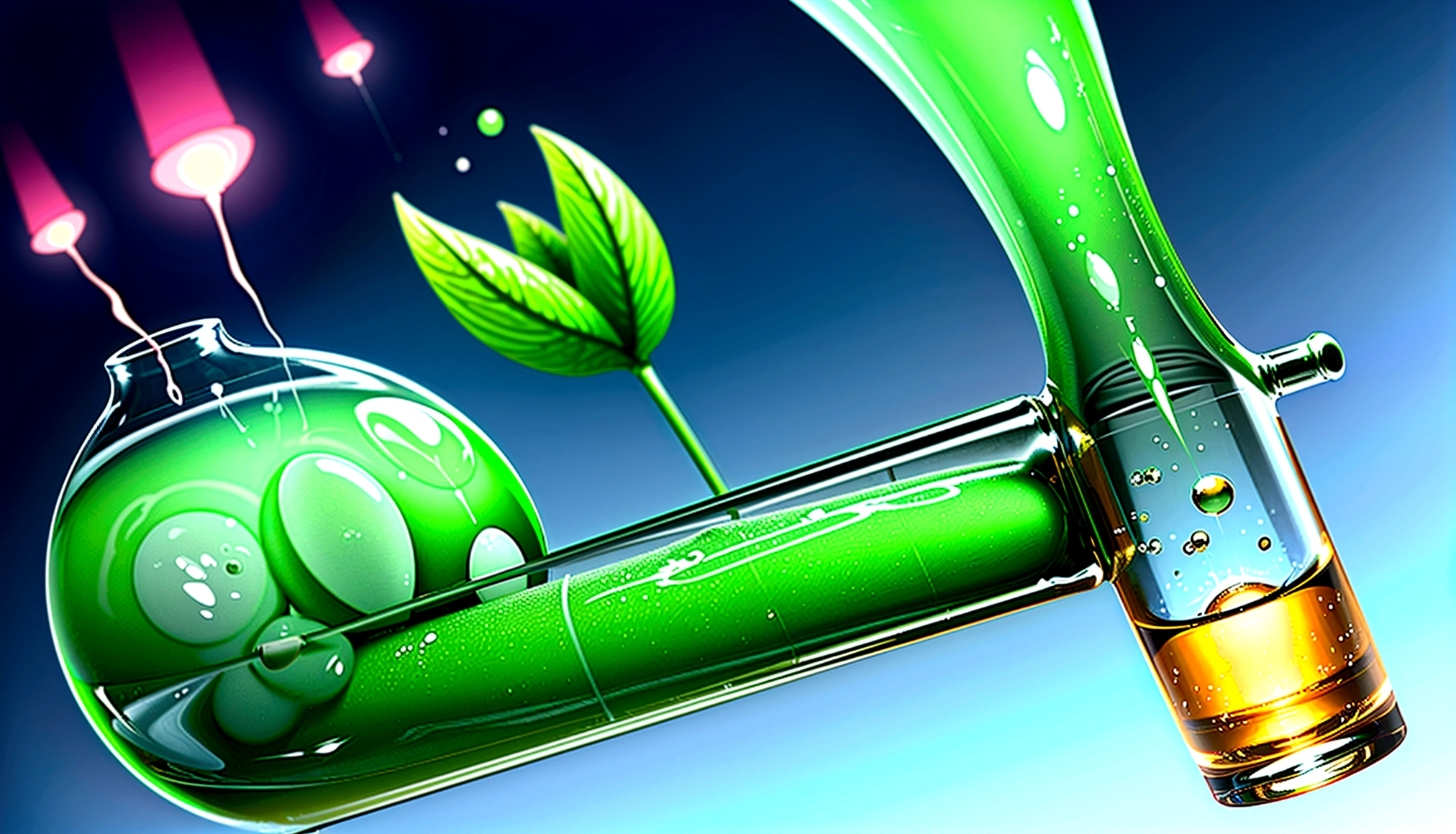 test tube filled with a lime green gooey liquid, cheio de bola e brilhante como se fosse radioativo