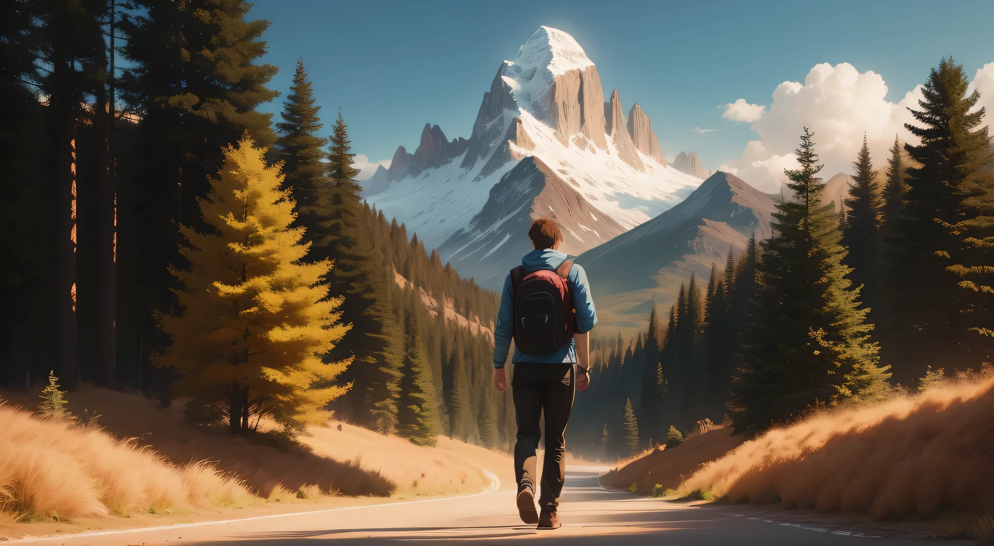 A young man walking with backpack, photorealistic, cinematic, dynamic pose, mountain with trees background, anime style art