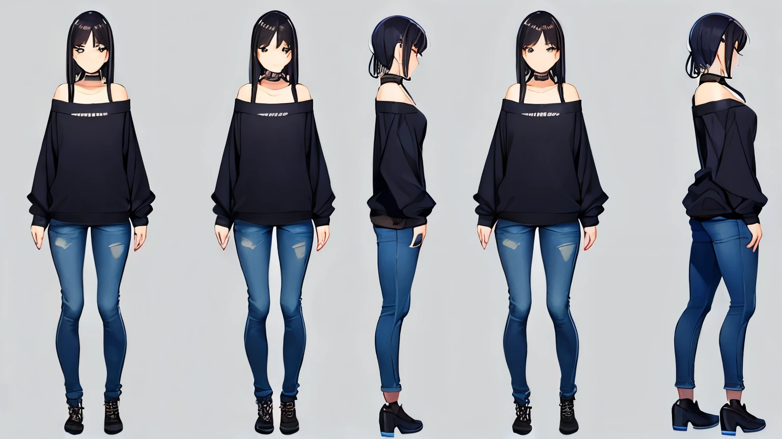 (best quality, masterpiece), 1girl, cute,standing up straight,three view drawing, front and back and side, character sheet,full body,simple background,She is 5'5” tall, dark skinned, wears a sweatshirt and jeans, and wears a choker around her neck. She has long, dark hair and blue eyes