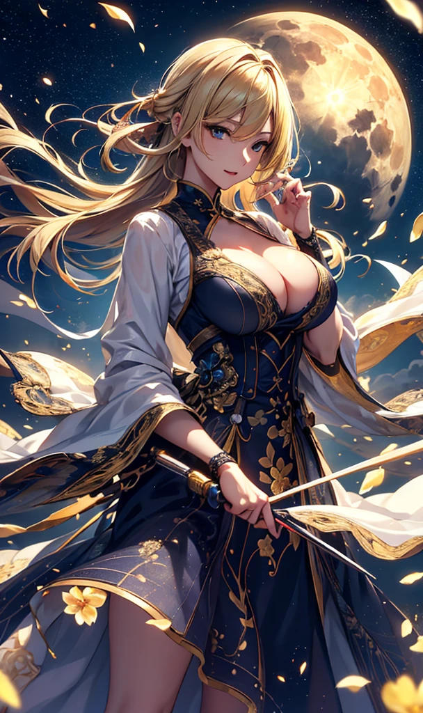 masterpiece, high quality, 4K, Beautiful design, silhouette，blonde， 非常に詳細な夜のStarry Sky,Flower Field， wonderful, Finer details,  Very knowledgeable woman, Highly detailed solo, 1 female,Big Breasts，dress，Night view，Starry Sky，full moon，