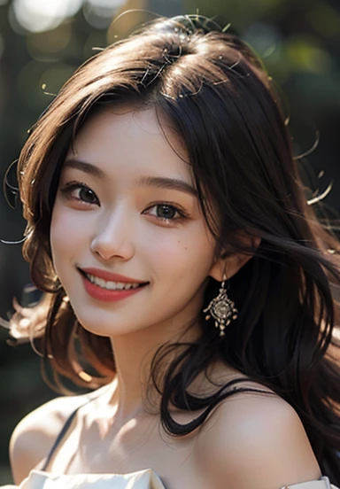 best quality, masterpiece, ultra high res, photorealistic, 1girl, offshoulder, smile