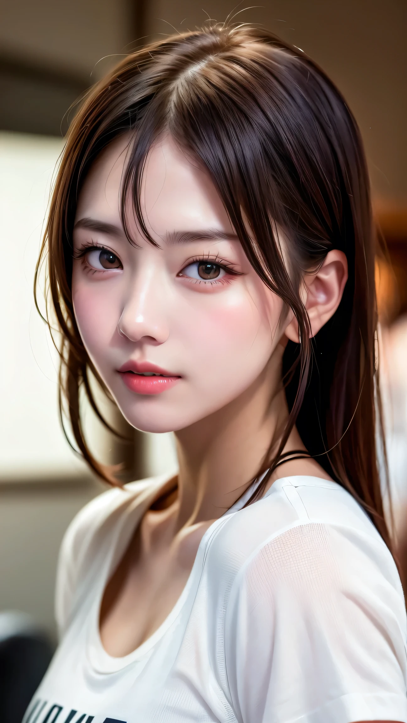 (highest quality, High resolution, masterpiece :1.3), Dressed, (Realistic: 1.4), (Super realistic: 1.4), (Realistic: 1.3), (Smooth lighting: 1.05), (Improving the quality of cinema lighting: 0.9), 32k, 1 girl, 20-year-old girl, Realistic lighting, Backlight, Face Light, Ray Tracking, (Bright light: 1.2), (Quality improvement: 1.4), (Quality improvement: 1.4), fine grain, Detailed face, quality eyes, (tired, Sleepy and satisfied: 0.0), Face close-up, T-Shirts, (Accentuates body lines: 1.1), (Enhances the beauty of skin texture: 1.1), Korean Idol, Nogizaka Idol, Idol sculpture, actress, Fashion model posing