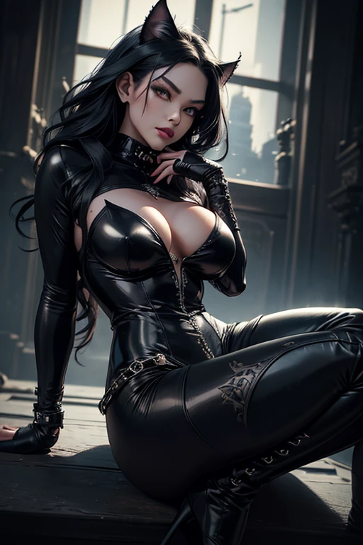 intricate detailed catwoman, asian woman, gothic style, dark fantasy, feline features, pointed ears, sharp claws, leather bodysuit, high heeled boots, flowing raven hair, piercing eyes, alluring expression, dramatic lighting, moody atmosphere, (best quality,8k,highres,masterpiece:1.2),photorealistic,ultra-detailed,vibrant colors,cinematic lighting