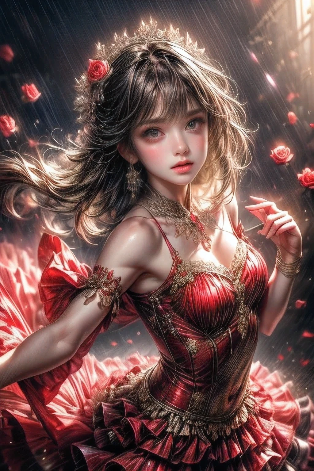 multiple exposure, fantasic illustration, masterpiece:1.2, highest quality, highres, 16k, beautiful detailed, ultra-realistic, photo realistic:1.37, beautiful and cute girl, dancing flamenco, holding a single rose in her mouth, growing glay eyes, shining pupils, blushed cheek, shiny rosy lips, beautiful delicate(hair, face, eyes, pupils, flamenco dress), full-body view