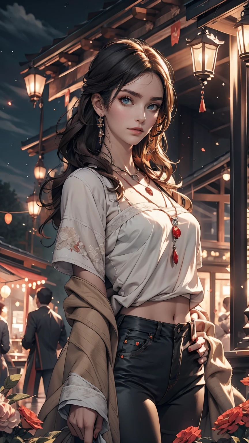 4K, June scenery, Beautiful woman, Long Hair, Brown Hair, Medium chest, blue eyes, White shirt, hot pants, Neon Red Heart Necklace, View Viewer, night, Multicolored hydrangea