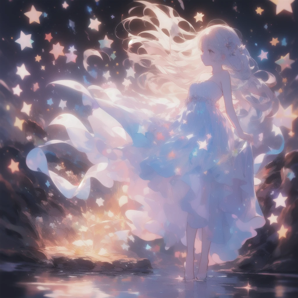 xcdd,One princess girl,alone,dress,Water play,star \(symbol\),Long Hair,Skirt Hold,water,white dress,Exposing shoulders,null,night,Shine,Are standing,profile,Bare arms,Shine,Strapless,Braiding,star \(null\),Strapless dress,View Viewer,Outdoor,night null,(masterpiece, 最high quality, high quality, High resolution, Super detailed),