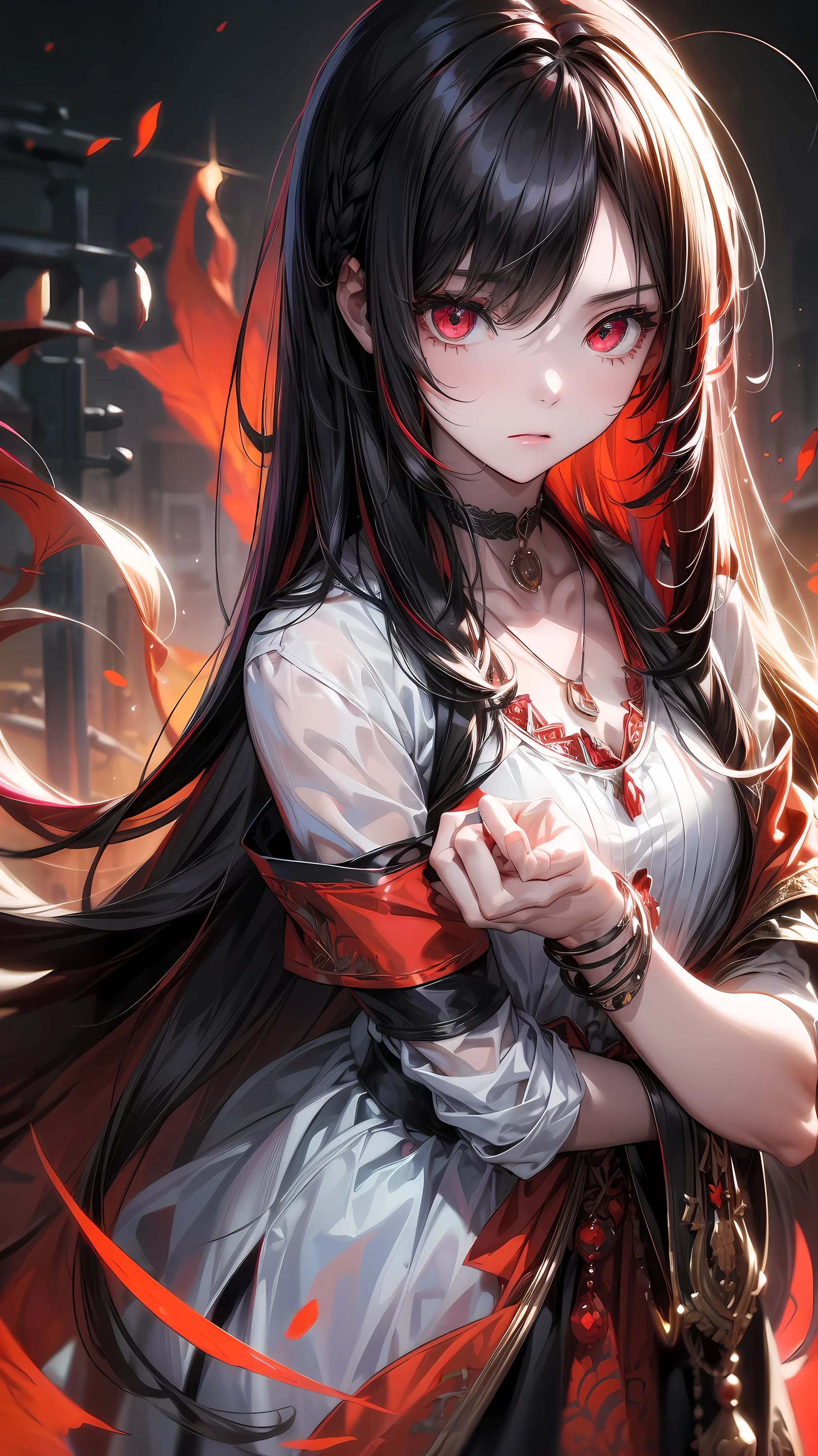 best quality, Intricate details, Chromatic Aberration, 1 Girl, long hair, Black Hair, messy hair, Red highlights, Hair covering one eye, Red Eyes, Sharp eyes, Necklace,, , armband, Put your hands behind your back, Arm,  