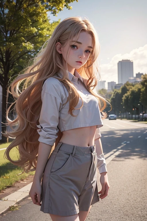 One Girl, 19 years old, alone, Aesthetic art, Irish, Strawberry blonde wavy hair, Shoulder-length hair, Grey Eyes, light Grey Eyes, Small freckles, Pale skin, Runner's Body, (Textured skin, Skin pores: 1.1), Wearing a private university uniform, Sexy pose, Facing the University
